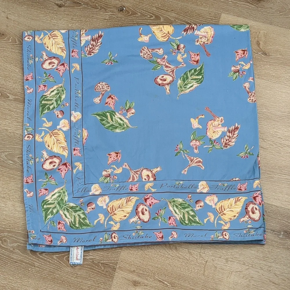 April Cornell Autumn Mushroom Forager 54x54 Blue Tablecloth - Picture 2 of 5